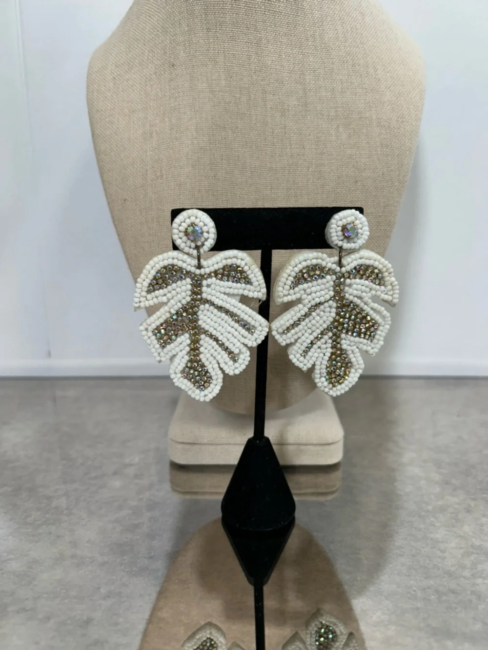 Beaded Monstera Leaf Statement Earrings - White and Gold